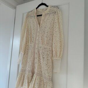 Veronica Beard Lace Mini Dress Sz 4 In Stone Khaki Button Down Ruffle Skirt